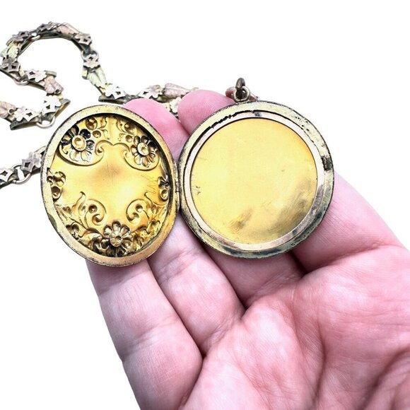 Antique Victorian Womens Necklace Gold Filled Tri Color Book Chain Locket 1800s - Picture 4 of 11